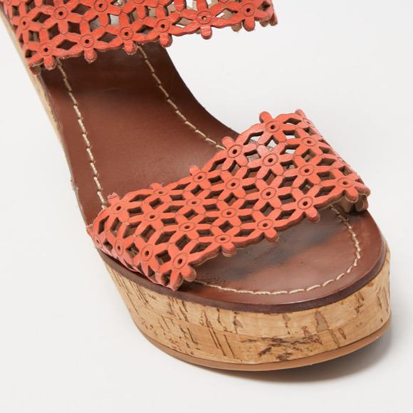 Tory Burch Orange Perforated Leather Daisy Cork Wedge Sandals Size 37 - Picture 7 of 8
